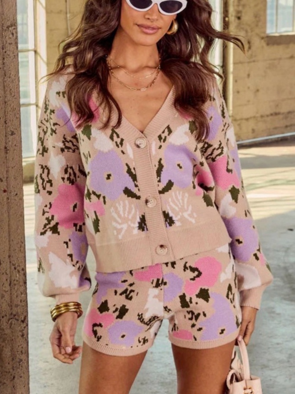 Floral Knit Button-Up Cardigin Beige with Pink & Lavender Accents